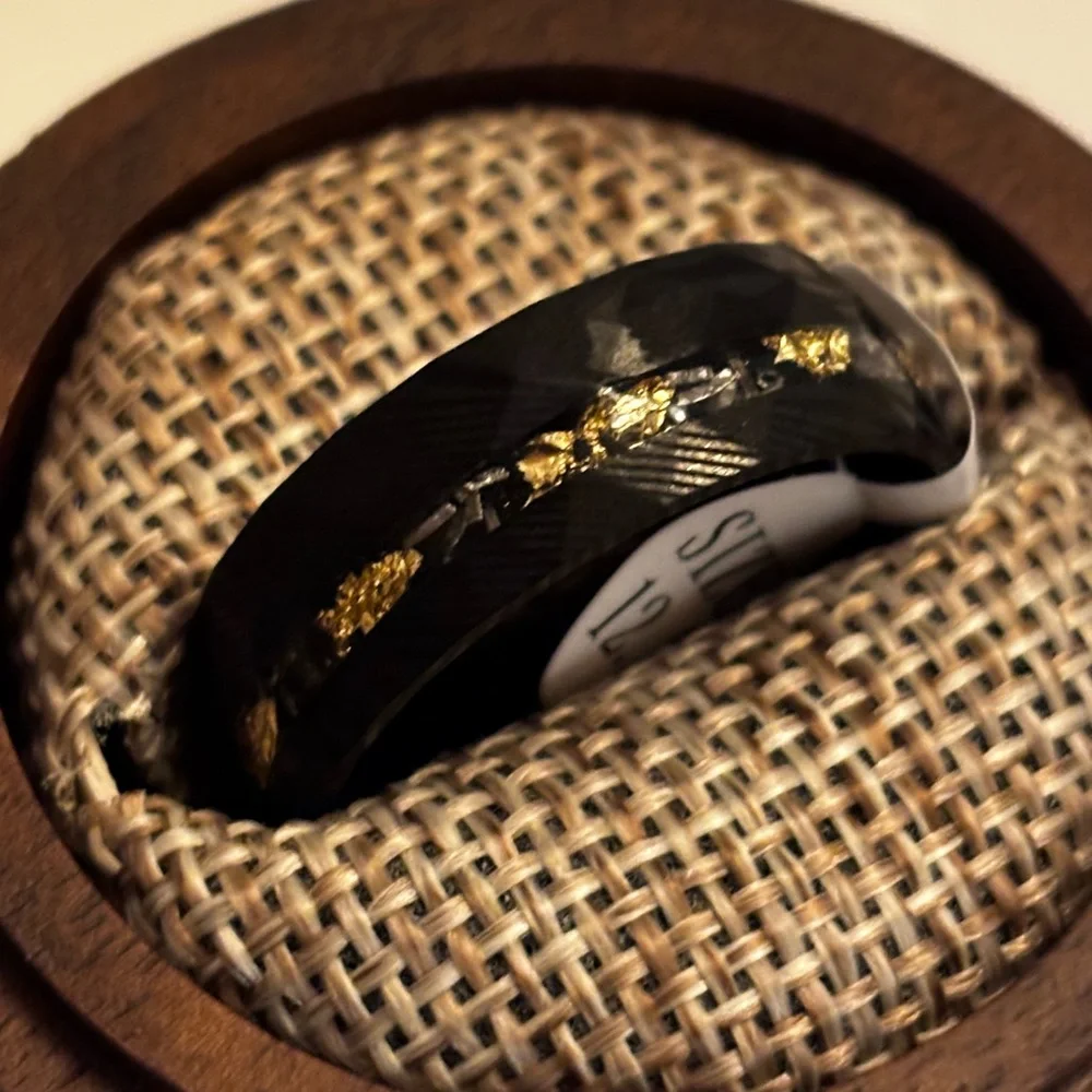 Black Hammered Damascus Steel Ring with Crushed Meteorite & Gold Foil
